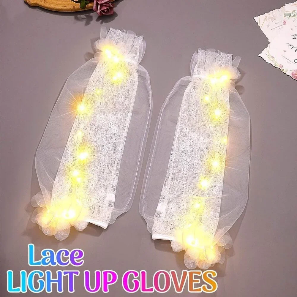 Women's Light Up Led Long Tulle Gloves Elbow Length Arm Sleeves Flower Gloves